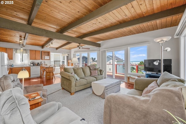 living area with wooden ceiling, beamed ceiling, wood finished floors, and a ceiling fan
