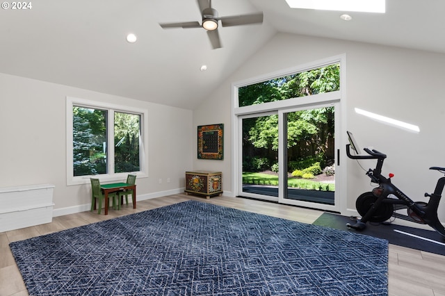 interior space featuring a skylight, a healthy amount of sunlight, wood finished floors, and a ceiling fan