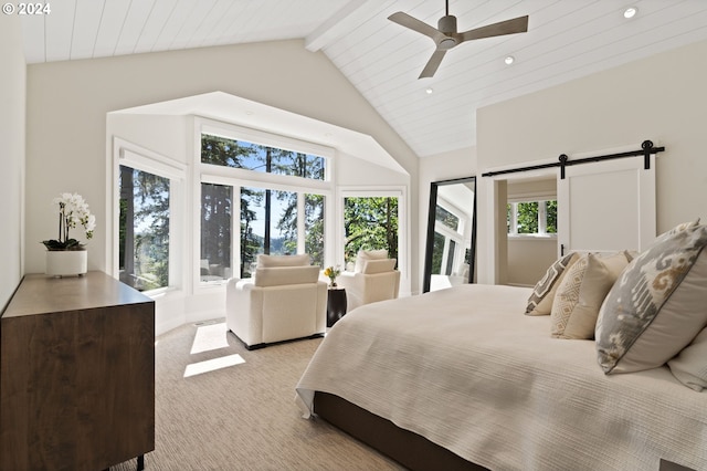 carpeted bedroom with recessed lighting, vaulted ceiling with beams, a barn door, and a ceiling fan