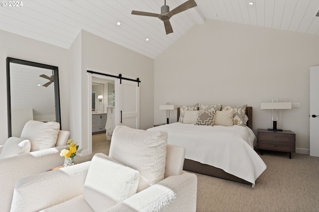 bedroom with a barn door, beam ceiling, carpet flooring, high vaulted ceiling, and a ceiling fan