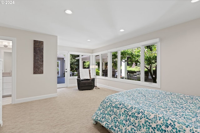 bedroom featuring access to exterior, carpet flooring, recessed lighting, and baseboards