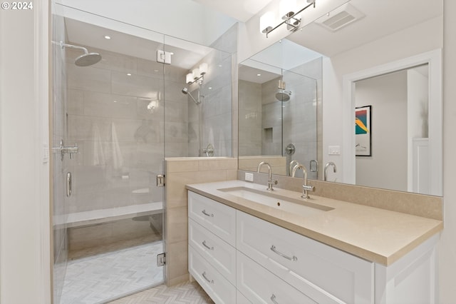 full bathroom with vanity, visible vents, and a stall shower