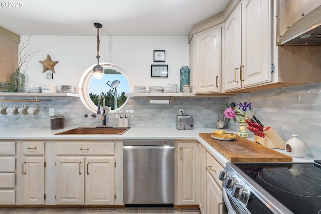 53310 Morrison Rd, Bandon, OR 97411 - kitchen featuring stainless steel appliances, extractor fan, open shelves, and light countertops