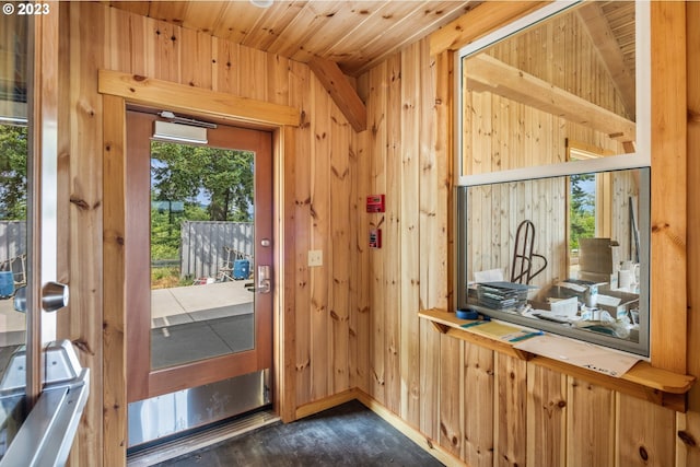 entryway featuring dark hardwood / wood-style floors and wood walls