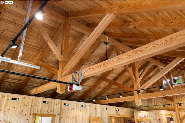 details with wood ceiling, beam ceiling, and wood walls