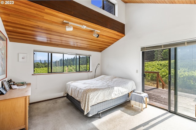 bedroom featuring rail lighting, vaulted ceiling, access to exterior, and wooden ceiling