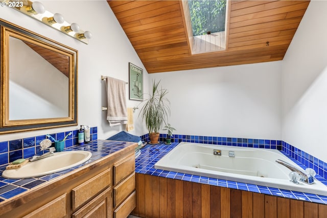 bathroom with wood ceiling, lofted ceiling, backsplash, and large vanity