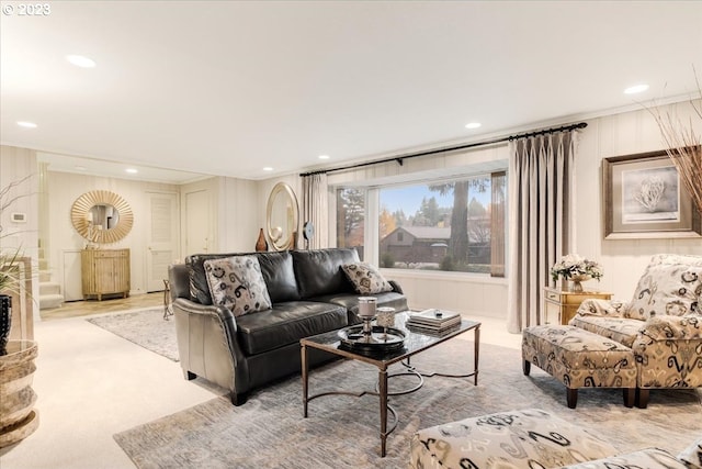 living room featuring light colored carpet