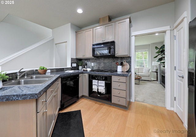 728 NE 72nd Ave, Hillsboro, OR 97124 - kitchen with black appliances, dark countertops, light wood-style floors, backsplash, and a peninsula
