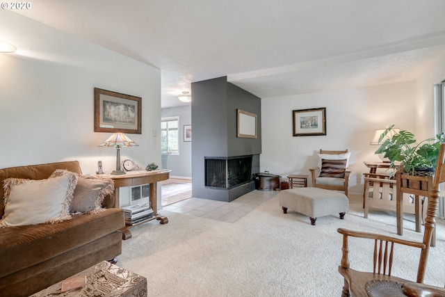 living room featuring a multi sided fireplace and light colored carpet