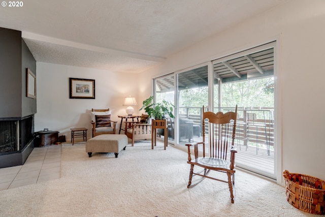 living area featuring light carpet and a textured ceiling