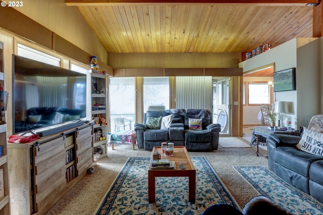 living room with wood ceiling, lofted ceiling, and carpet flooring