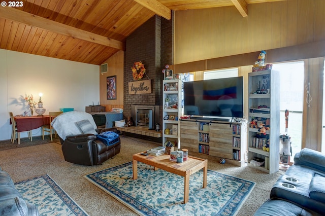 carpeted living room with a brick fireplace, wood ceiling, beam ceiling, and high vaulted ceiling