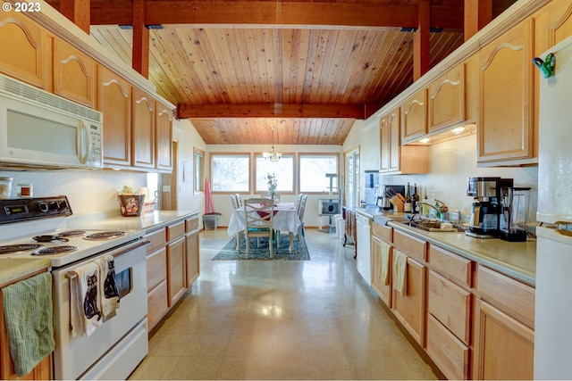 kitchen with vaulted ceiling with beams, white appliances, decorative light fixtures, wooden ceiling, and light brown cabinetry