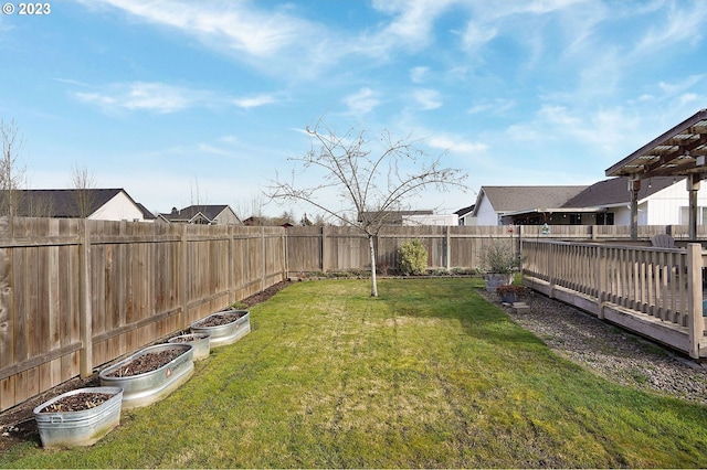 view of yard with a garden and a fenced backyard