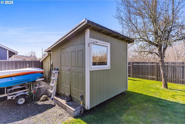 view of shed featuring a fenced backyard