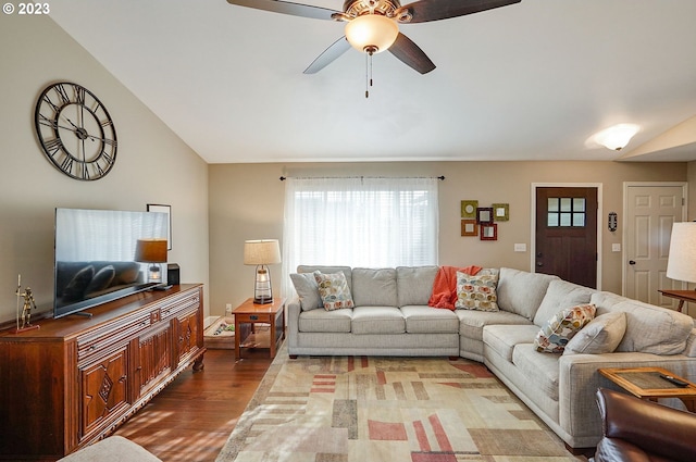 living room with lofted ceiling, wood finished floors, and ceiling fan
