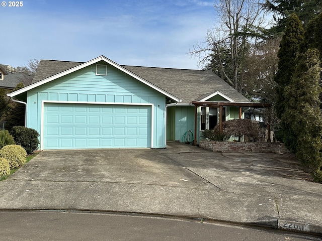 single story home featuring board and batten siding, roof with shingles, driveway, and an attached garage