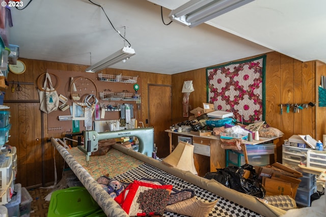 interior space featuring wood walls