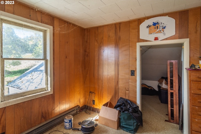 interior space with wood walls and light colored carpet