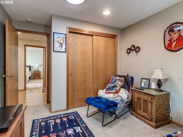 sitting room with light carpet and a textured ceiling