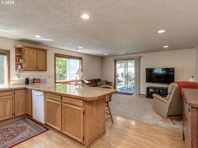 kitchen featuring a peninsula, open floor plan, a textured ceiling, a wealth of natural light, and dishwasher