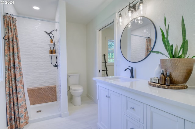 bathroom with vanity, curtained shower, and toilet