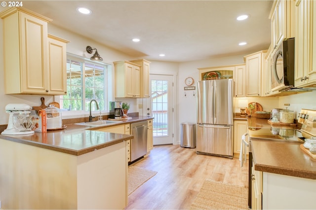 kitchen with sink, stainless steel appliances, a wealth of natural light, and light hardwood / wood-style flooring