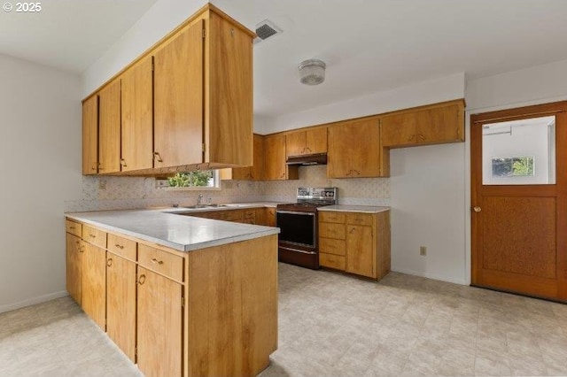 2107 Cove Ave, La Grande, OR 97850 - kitchen featuring electric stove, a peninsula, light countertops, and brown cabinetry