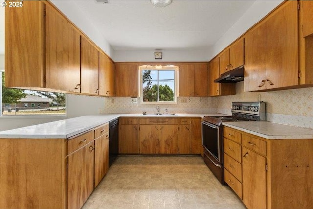 2107 Cove Ave, La Grande, OR 97850 - kitchen featuring stainless steel electric range oven, under cabinet range hood, black dishwasher, light countertops, and brown cabinetry