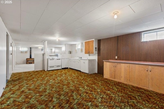 2107 Cove Ave, La Grande, OR 97850 - kitchen with carpet floors, white stove, and wooden walls