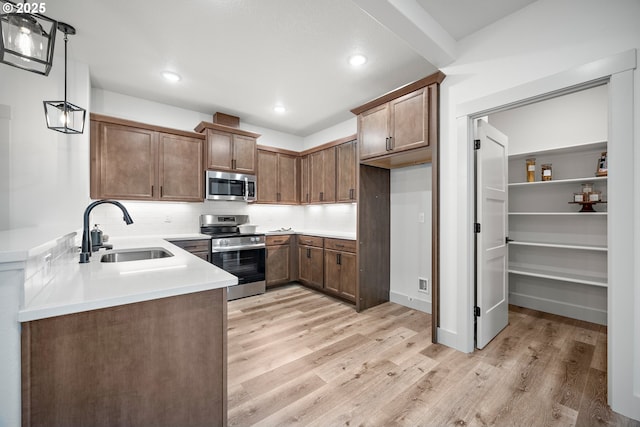 902 E 30th St, Vancouver, WA 98663 - kitchen with stainless steel appliances, a sink, light wood-style floors, decorative backsplash, and light countertops