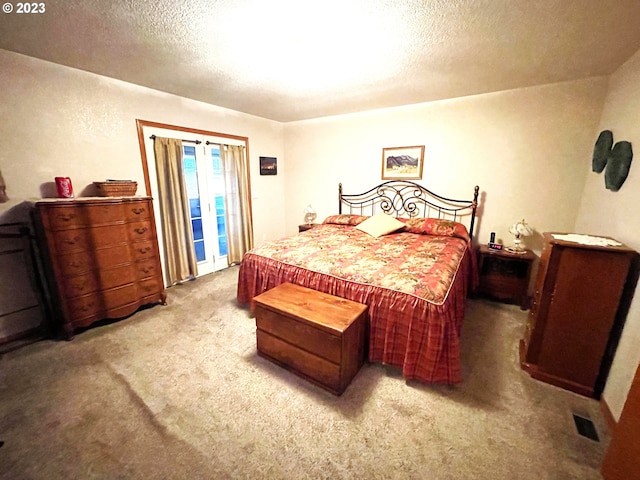 carpeted bedroom with a textured ceiling and access to exterior