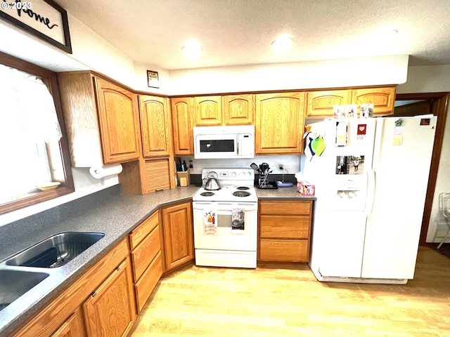 kitchen featuring a textured ceiling, white appliances, sink, and light hardwood / wood-style flooring