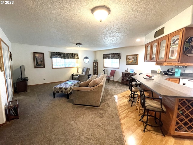 living room with a wealth of natural light, a textured ceiling, and wood-type flooring