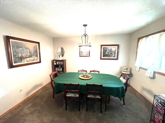 carpeted dining space with a textured ceiling