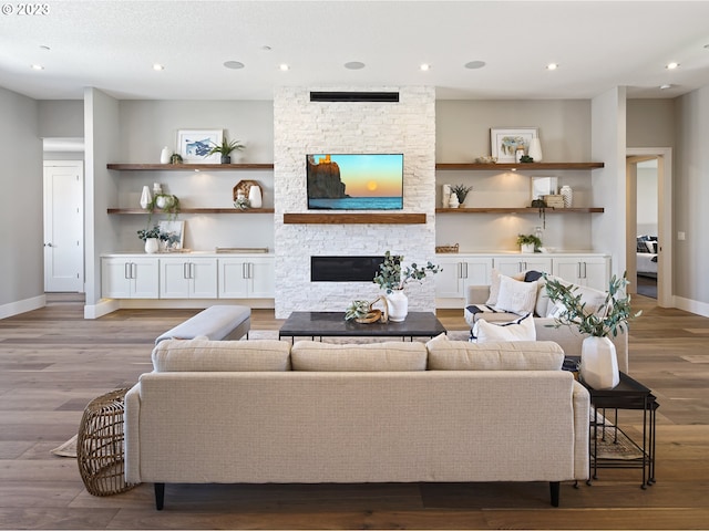 living room featuring light hardwood / wood-style floors and a stone fireplace