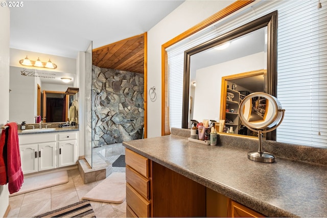 21503 NE Lachenview Ln, Fairview, OR 97024 - bathroom featuring a walk in shower, vanity, tile patterned flooring, and wooden ceiling