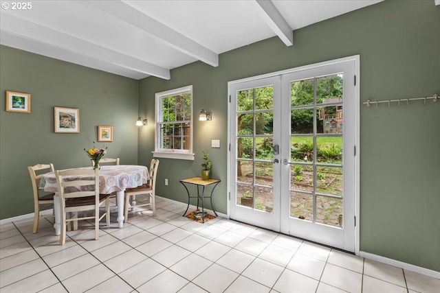 5850 SW Vermont St, Portland, OR 97219 - dining room featuring beamed ceiling, french doors, baseboards, and light tile patterned floors