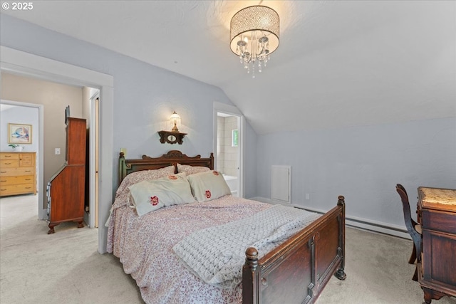 5850 SW Vermont St, Portland, OR 97219 - bedroom featuring light colored carpet, vaulted ceiling, a baseboard heating unit, and a chandelier