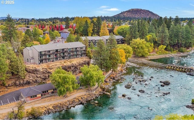 birds eye view of property with a water and mountain view