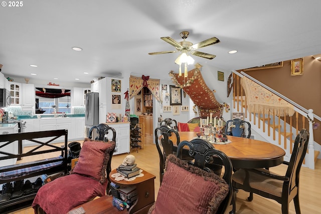 11215 NE 359th St, La Center, WA 98629 - dining space with ceiling fan, stairway, light wood-style floors, and recessed lighting