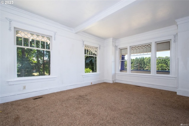 carpeted empty room with a wealth of natural light and beam ceiling