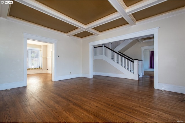 spare room featuring dark hardwood / wood-style flooring, coffered ceiling, and beamed ceiling