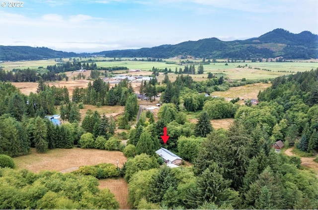 drone / aerial view with a mountain view and a rural view