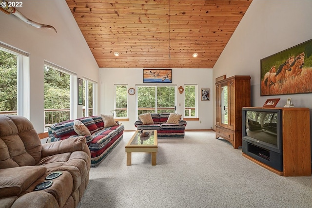 living room featuring light colored carpet, wooden ceiling, and high vaulted ceiling