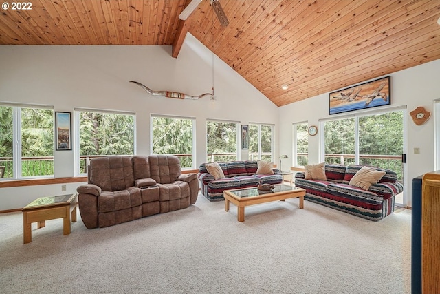 carpeted living room with high vaulted ceiling, ceiling fan, wooden ceiling, and beamed ceiling