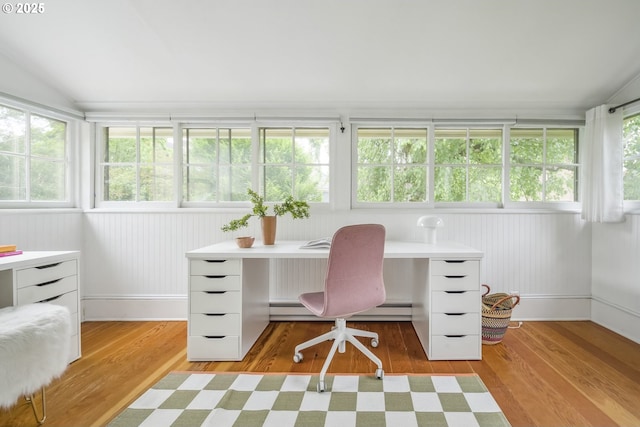 2147 NE 14th Ave, Portland, OR 97212 - office area with vaulted ceiling, light wood-type flooring, healthy amount of natural light, and baseboards