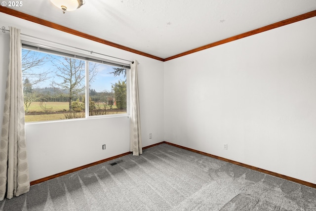 spare room featuring ornamental molding and carpet flooring