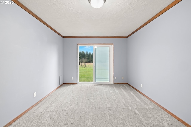 spare room with ornamental molding, light colored carpet, and a textured ceiling